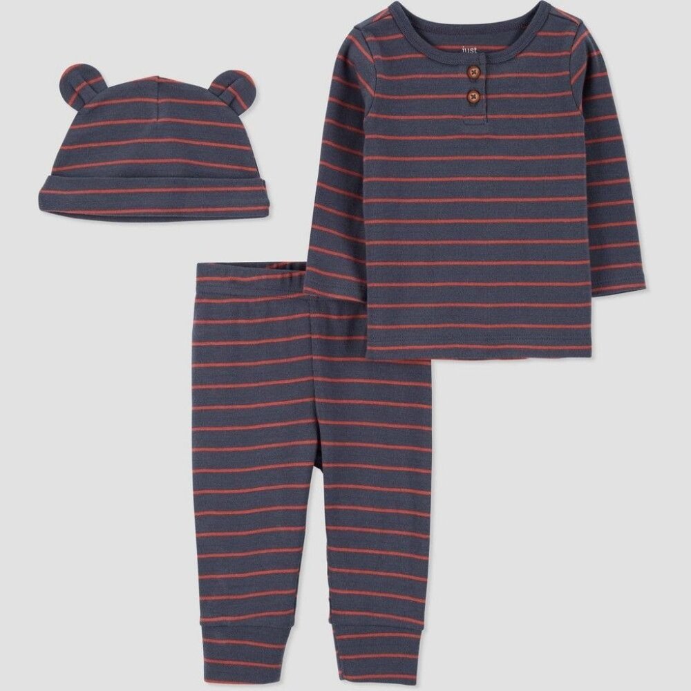Carters Just One You Baby Boys 3pc Striped Top & Bottom Set w/ Hat Gray Newborn